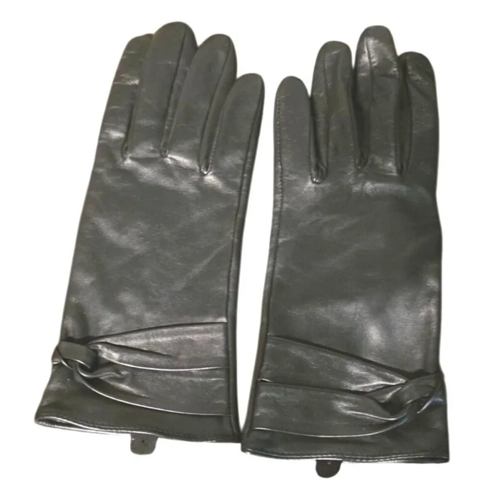 Vintage Leather Gloves Women's Black W/‎ Bow Detail Large Classic Driving